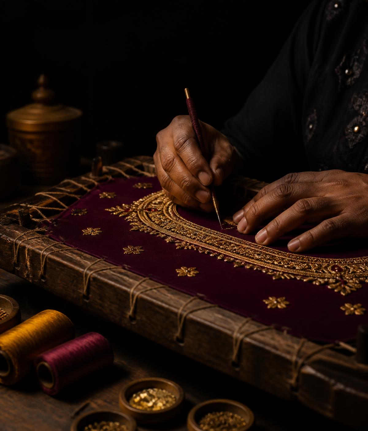 Artisan hands doing gold maggam embroidery on maroon silk