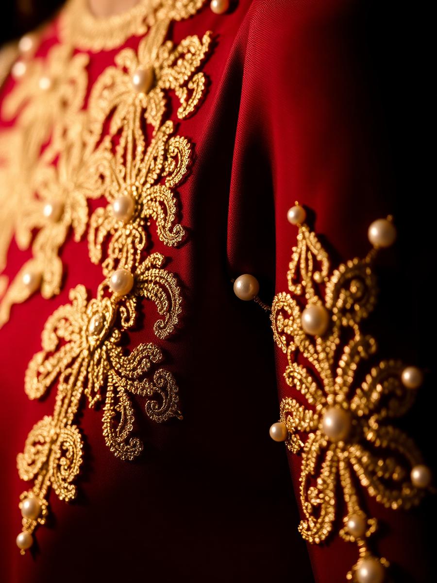 Gold zardosi embroidery with pearls on maroon silk