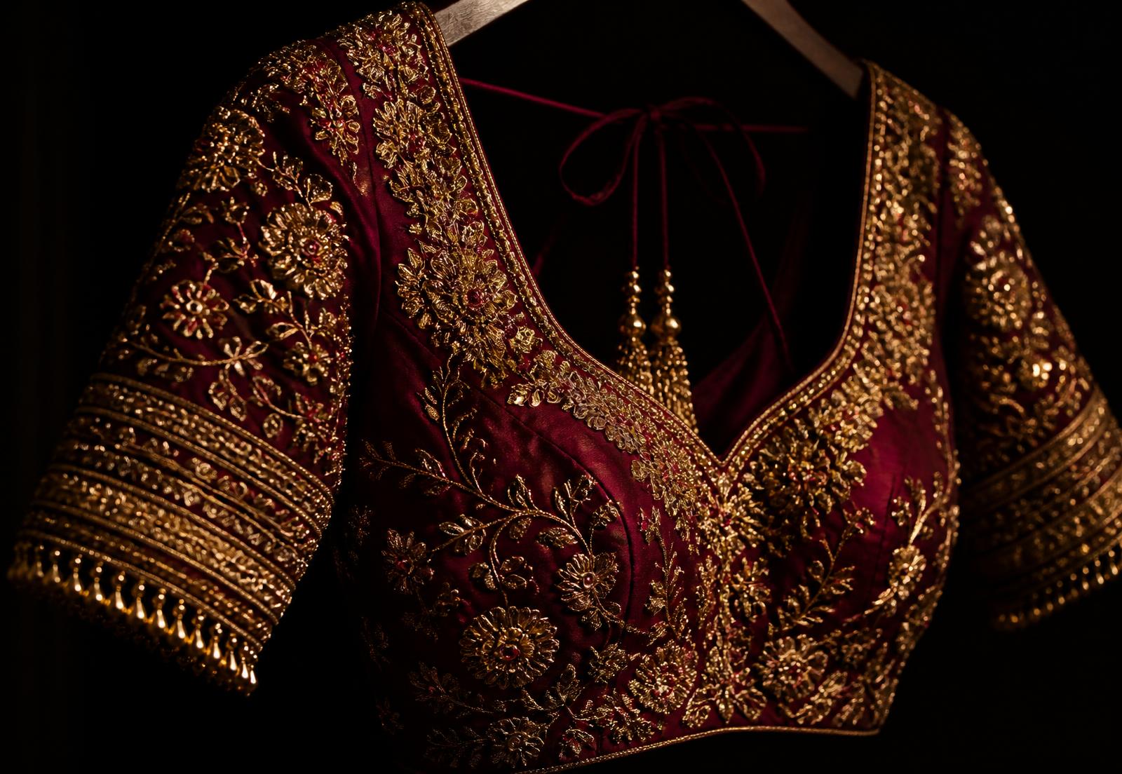 Deep wine bridal blouse with gold maggam hand embroidery